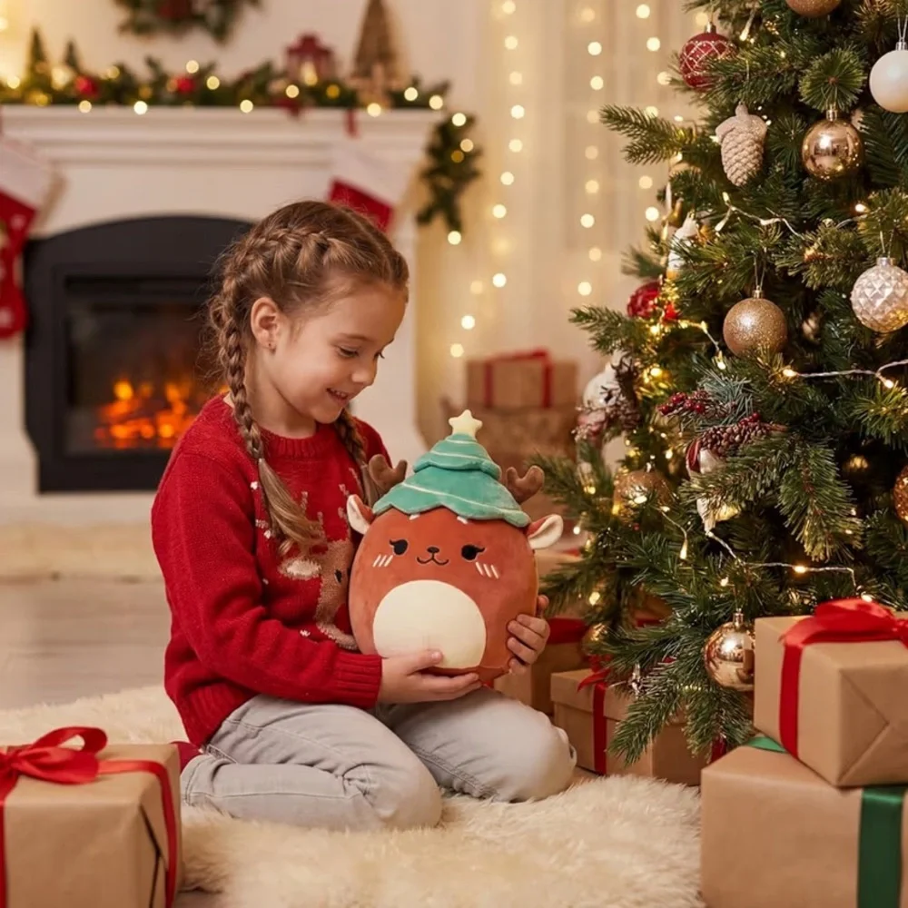 Merry Christmas ‘Reindeer Plushie with Tree Hat’ Holiday Pillow